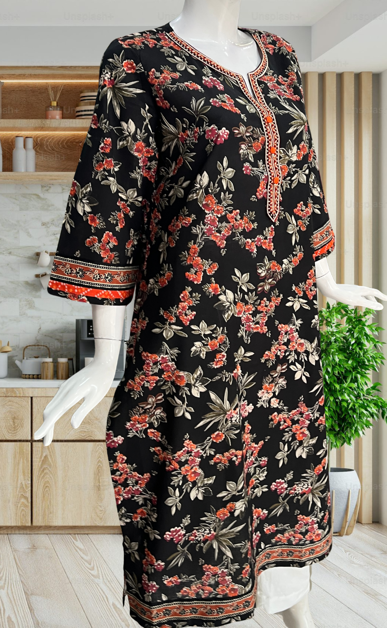 Black Garden Jaipuri Cotton Kurti. Pure Versatile Cotton. | Laces and Frills - Laces and Frills