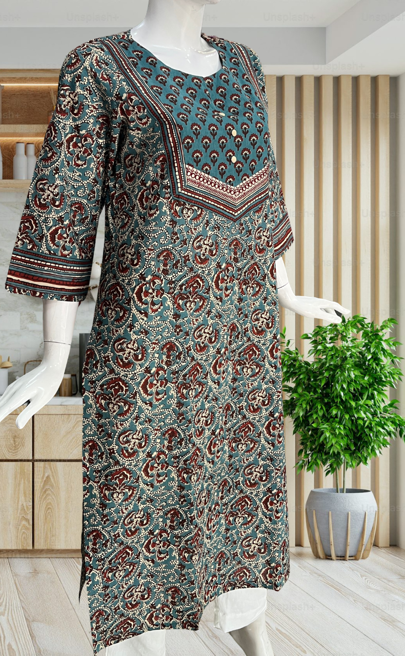 Teal Green Garden Jaipuri Cotton Kurti. Pure Versatile Cotton. | Laces and Frills - Laces and Frills