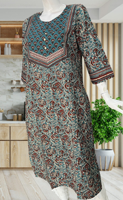 Teal Green Garden Jaipuri Cotton Kurti. Pure Versatile Cotton. | Laces and Frills - Laces and Frills