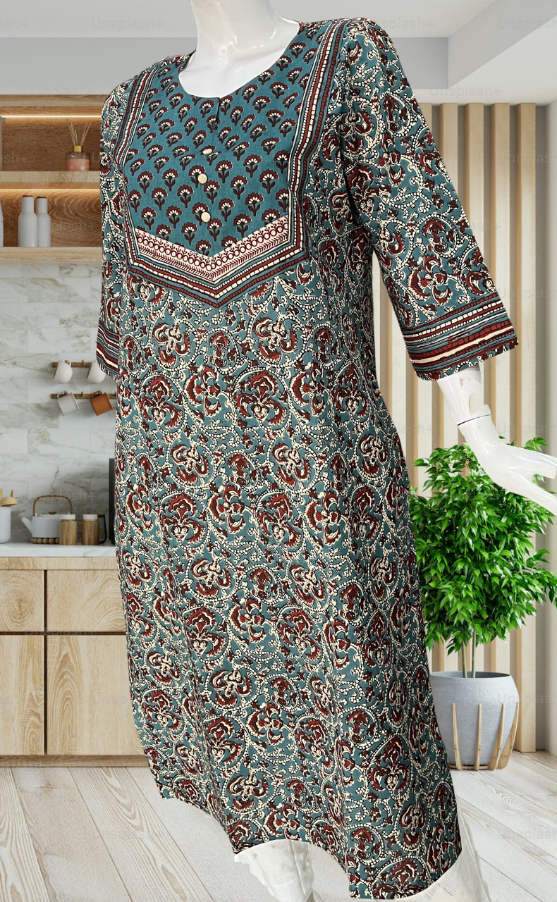 Teal Green Garden Jaipuri Cotton Kurti. Pure Versatile Cotton. | Laces and Frills - Laces and Frills
