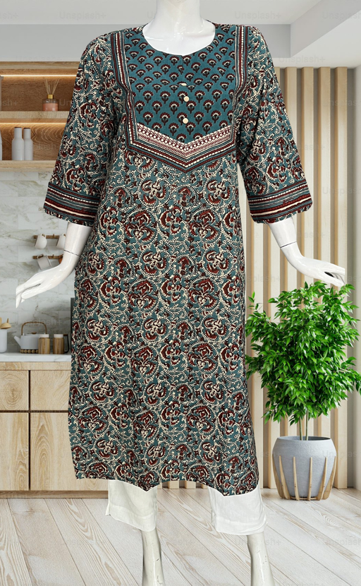 Teal Green Garden Jaipuri Cotton Kurti. Pure Versatile Cotton. | Laces and Frills - Laces and Frills