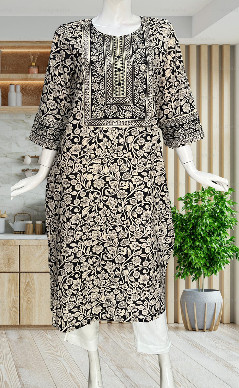 Black Garden Jaipuri Cotton Kurti. Pure Versatile Cotton. | Laces and Frills - Laces and Frills