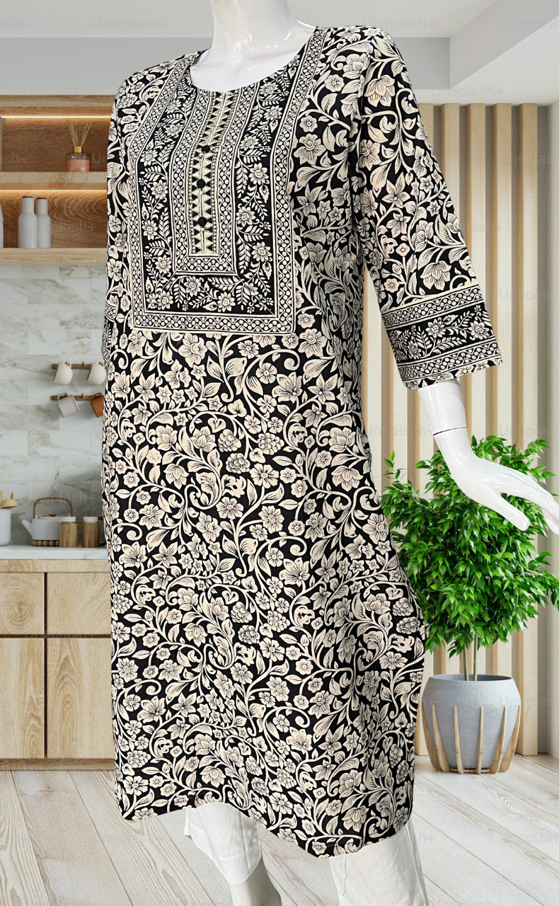 Black Garden Jaipuri Cotton Kurti. Pure Versatile Cotton. | Laces and Frills - Laces and Frills