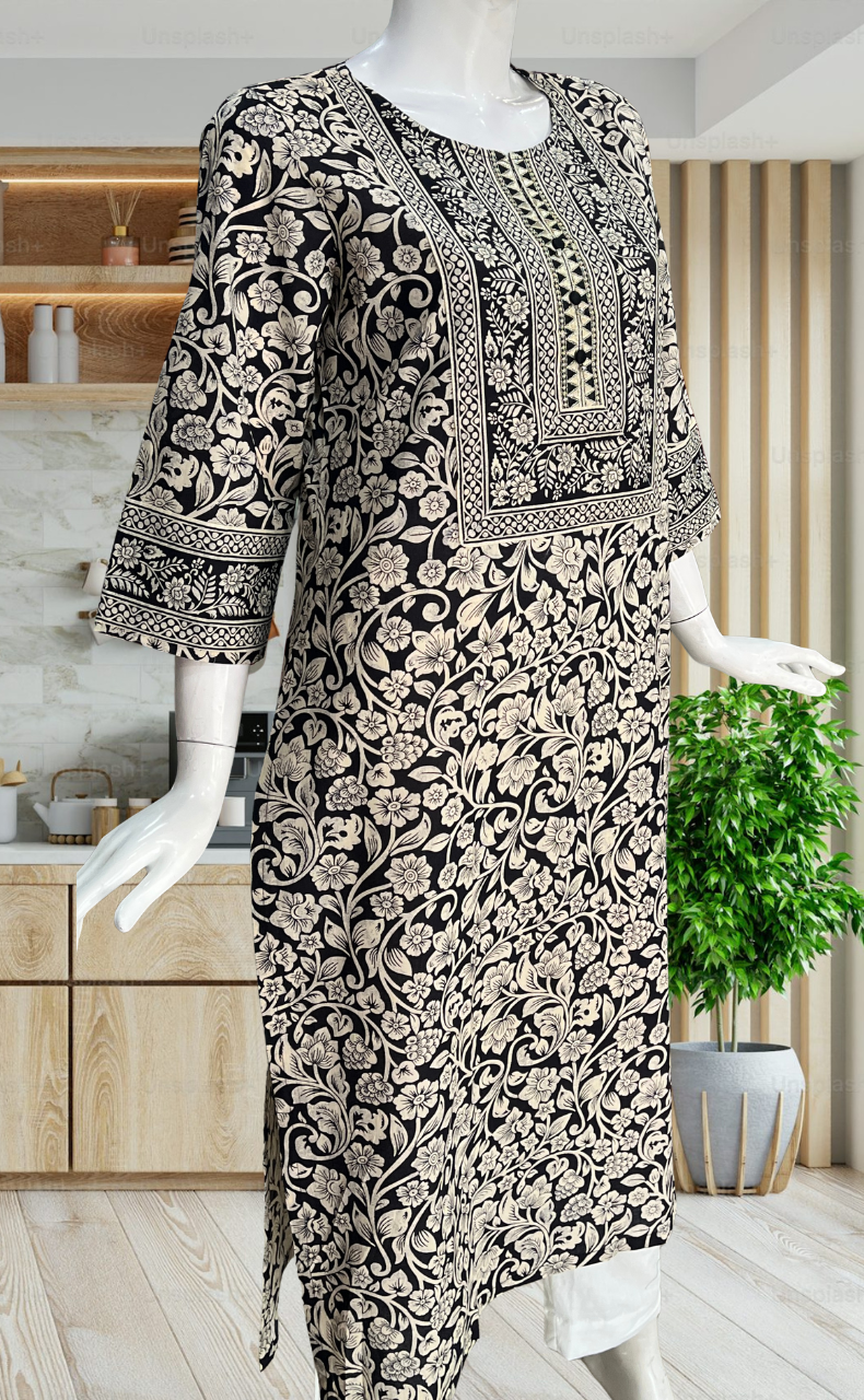Black Garden Jaipuri Cotton Kurti. Pure Versatile Cotton. | Laces and Frills - Laces and Frills