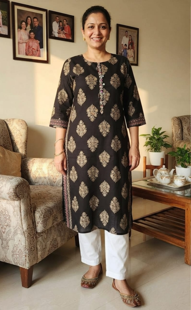 Black Floral Jaipuri Cotton Kurti. Pure Versatile Cotton. | Laces and Frills