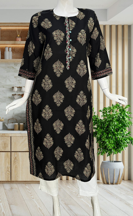 Black Floral Jaipuri Cotton Kurti. Pure Versatile Cotton. | Laces and Frills - Laces and Frills