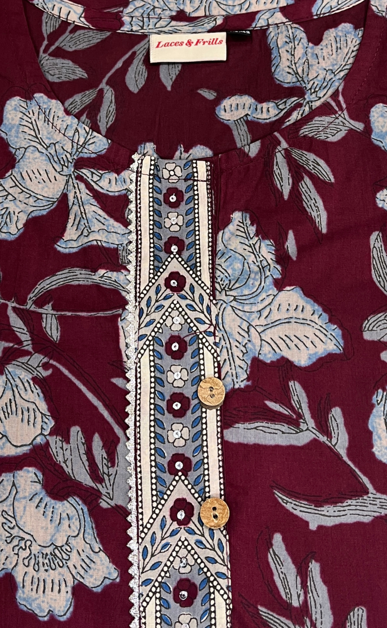 Maroon Garden Jaipuri Cotton Kurti. Pure Versatile Cotton. | Laces and Frills - Laces and Frills