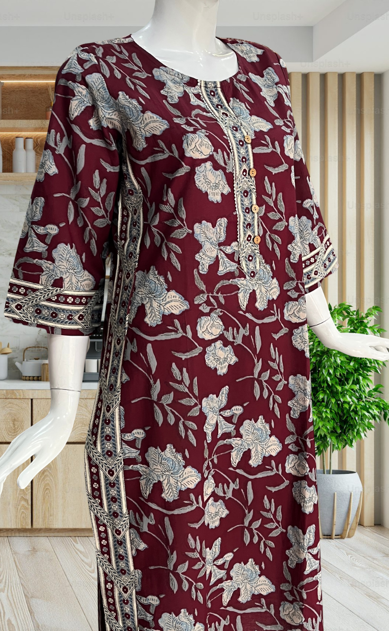 Maroon Garden Jaipuri Cotton Kurti. Pure Versatile Cotton. | Laces and Frills - Laces and Frills