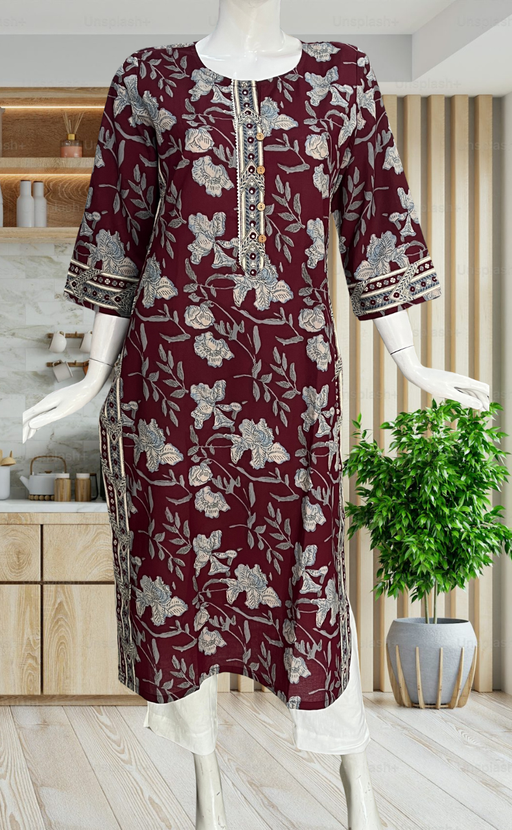 Maroon Garden Jaipuri Cotton Kurti. Pure Versatile Cotton. | Laces and Frills - Laces and Frills