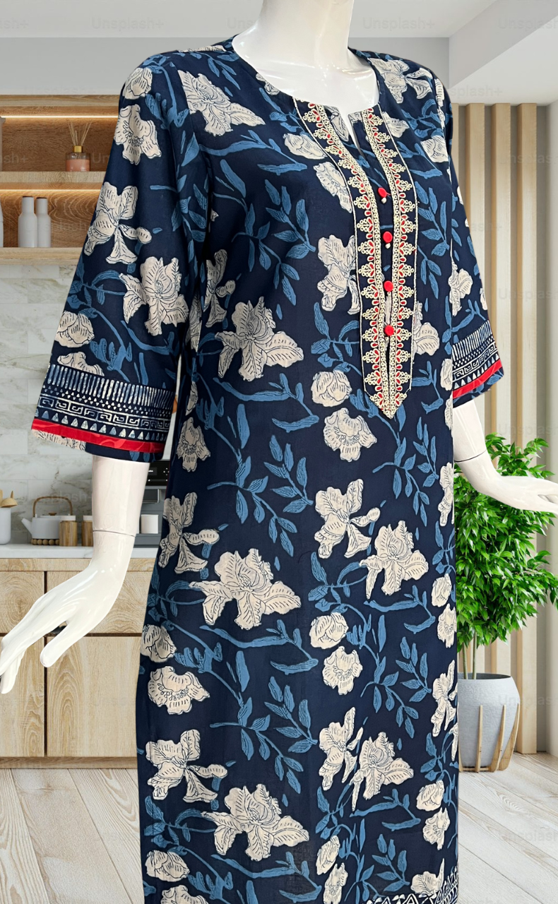 Blue Garden Jaipuri Cotton Kurti. Pure Versatile Cotton. | Laces and Frills - Laces and Frills