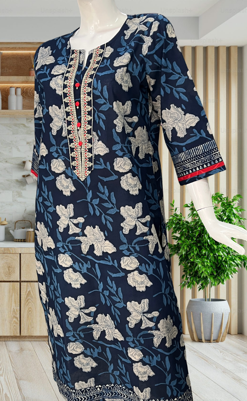 Blue Garden Jaipuri Cotton Kurti. Pure Versatile Cotton. | Laces and Frills - Laces and Frills