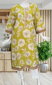 Lime Green Floral Jaipuri Cotton Kurti. Pure Versatile Cotton. | Laces and Frills - Laces and Frills