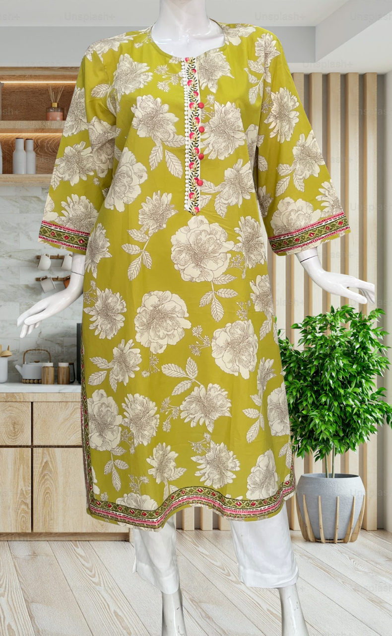 Lime Green Floral Jaipuri Cotton Kurti. Pure Versatile Cotton. | Laces and Frills - Laces and Frills
