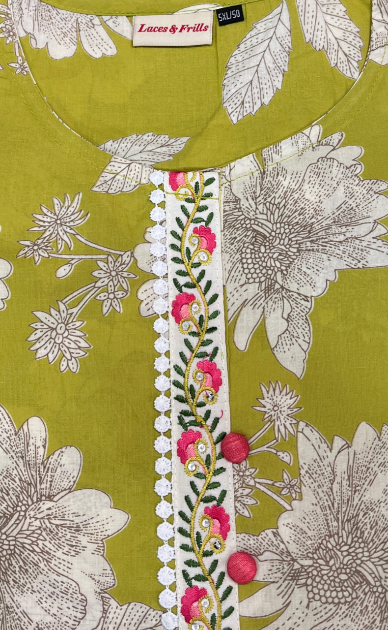 Lime Green Floral Jaipuri Cotton Kurti. Pure Versatile Cotton. | Laces and Frills - Laces and Frills