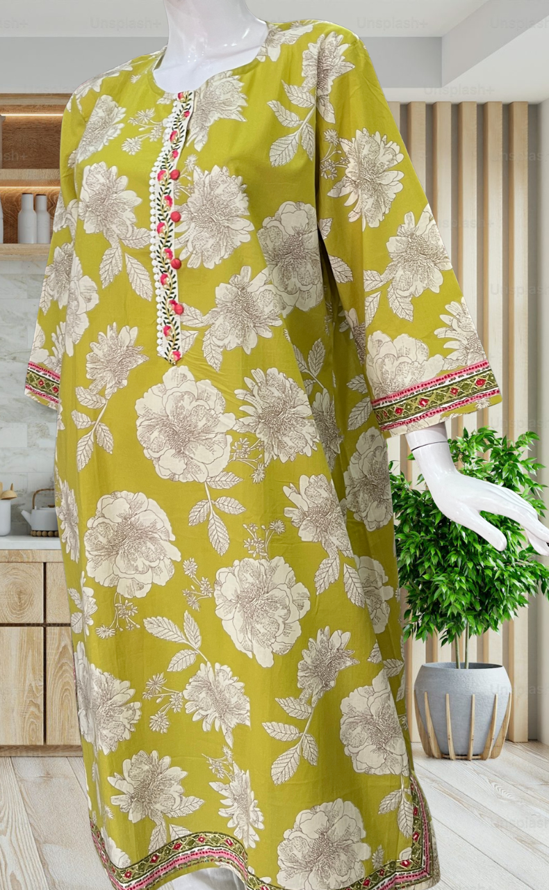Lime Green Floral Jaipuri Cotton Kurti. Pure Versatile Cotton. | Laces and Frills - Laces and Frills