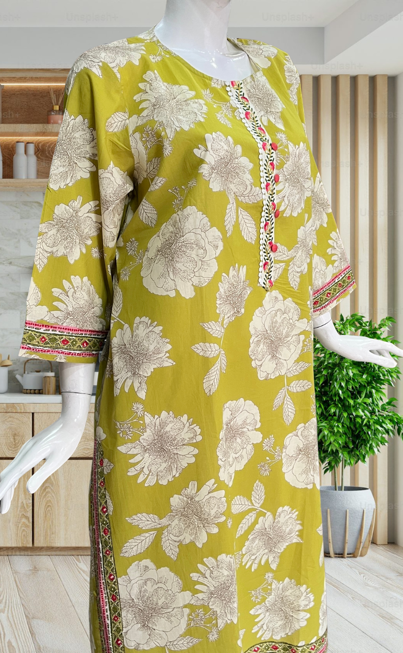 Lime Green Floral Jaipuri Cotton Kurti. Pure Versatile Cotton. | Laces and Frills - Laces and Frills