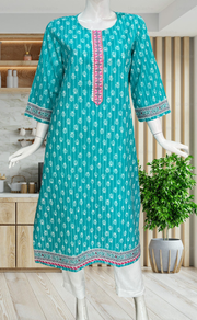 Sea Green Tiny Flora Jaipuri Cotton Kurti. Pure Versatile Cotton. | Laces and Frills - Laces and Frills