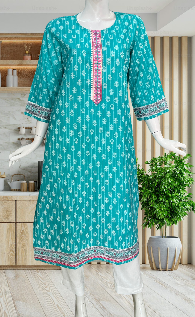 Sea Green Tiny Flora Jaipuri Cotton Kurti. Pure Versatile Cotton. | Laces and Frills - Laces and Frills
