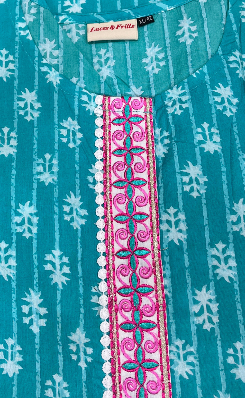 Sea Green Tiny Flora Jaipuri Cotton Kurti. Pure Versatile Cotton. | Laces and Frills - Laces and Frills