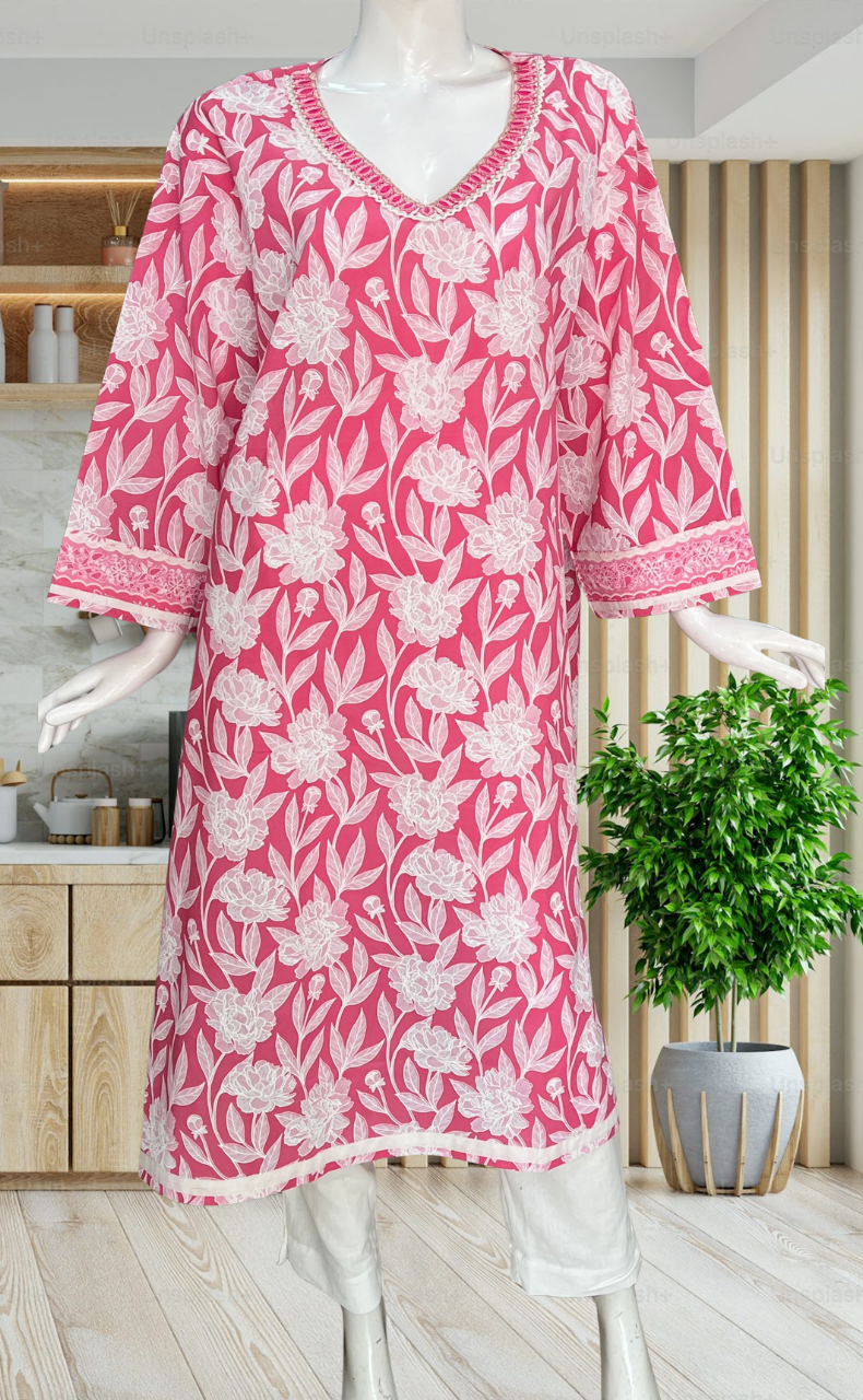 Baby Pink Floral Jaipuri Cotton Kurti. Pure Versatile Cotton. | Laces and Frills - Laces and Frills