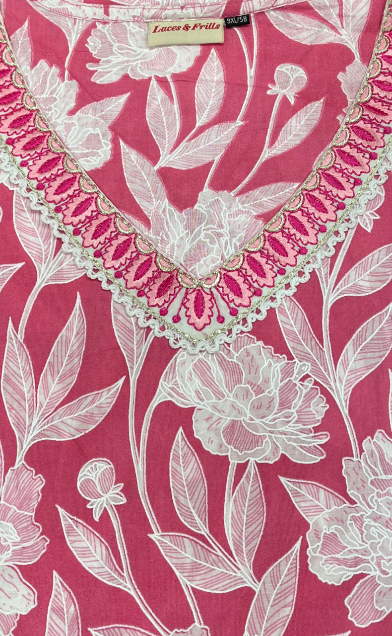 Baby Pink Floral Jaipuri Cotton Kurti. Pure Versatile Cotton. | Laces and Frills - Laces and Frills