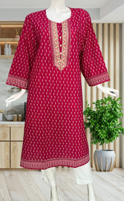 Rani Pink Leafy Jaipuri Cotton Kurti. Pure Versatile Cotton. | Laces and Frills - Laces and Frills