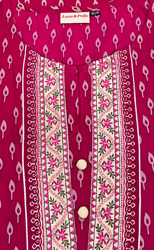 Rani Pink Leafy Jaipuri Cotton Kurti. Pure Versatile Cotton. | Laces and Frills - Laces and Frills