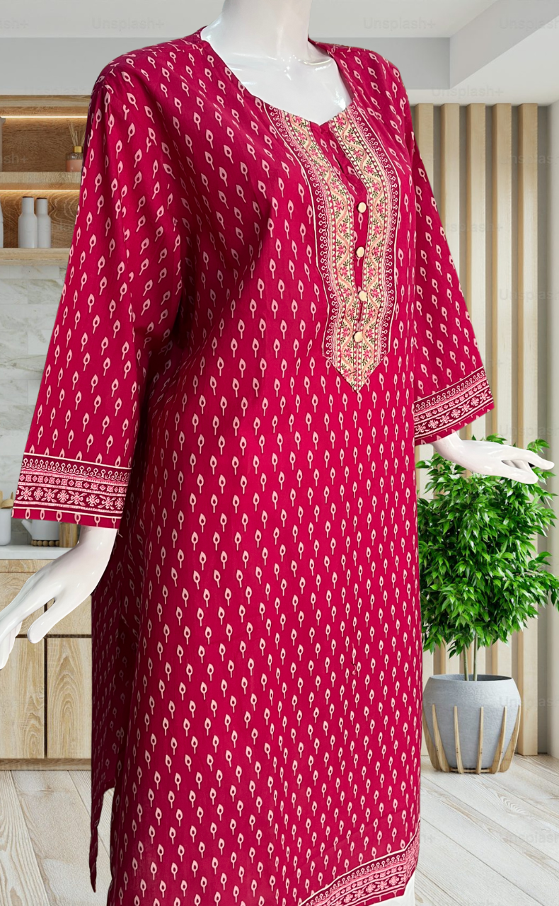 Rani Pink Leafy Jaipuri Cotton Kurti. Pure Versatile Cotton. | Laces and Frills - Laces and Frills