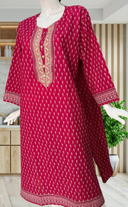 Rani Pink Leafy Jaipuri Cotton Kurti. Pure Versatile Cotton. | Laces and Frills - Laces and Frills