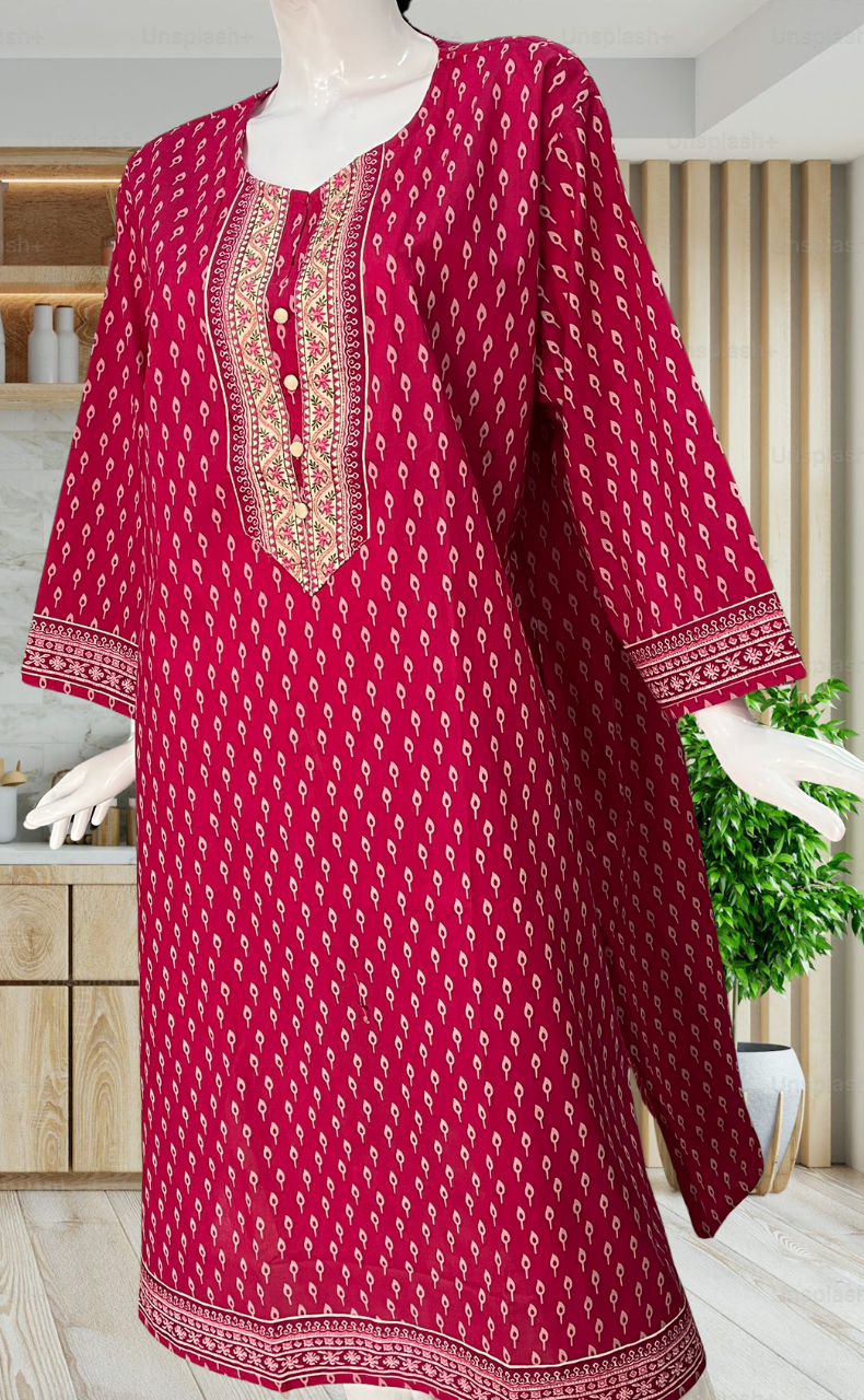 Rani Pink Leafy Jaipuri Cotton Kurti. Pure Versatile Cotton. | Laces and Frills - Laces and Frills