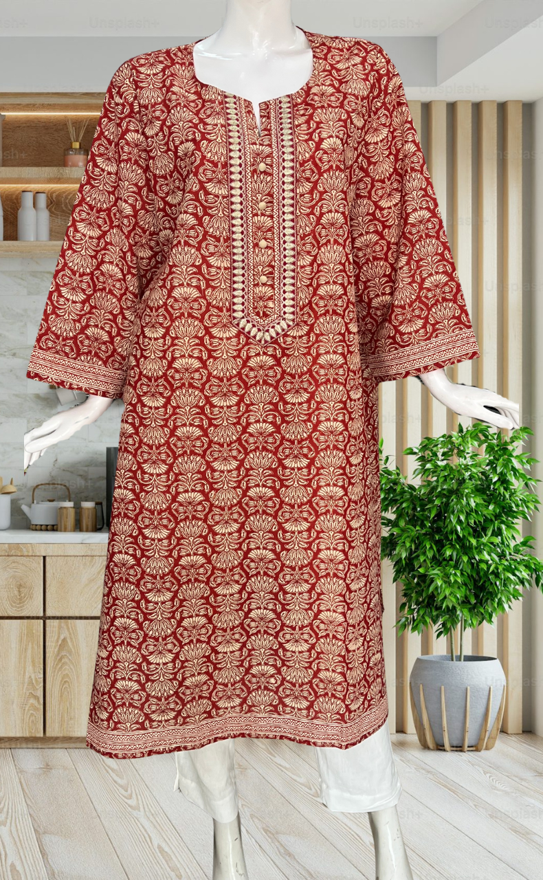 Rust Maroon Floral Jaipuri Cotton Kurti. Pure Versatile Cotton. | Laces and Frills - Laces and Frills