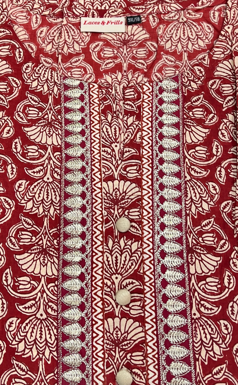 Rust Maroon Floral Jaipuri Cotton Kurti. Pure Versatile Cotton. | Laces and Frills - Laces and Frills