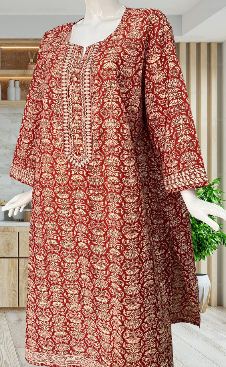 Rust Maroon Floral Jaipuri Cotton Kurti. Pure Versatile Cotton. | Laces and Frills - Laces and Frills
