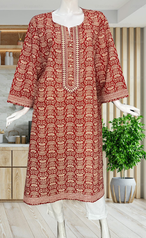Rust Maroon Floral Jaipuri Cotton Kurti. Pure Versatile Cotton. | Laces and Frills - Laces and Frills
