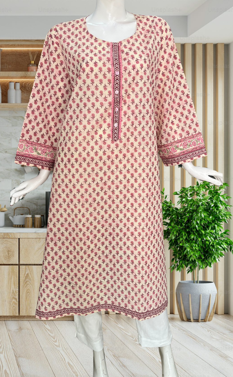 Light Pink Tiny Flora Jaipuri Cotton Kurti. Pure Versatile Cotton. | Laces and Frills - Laces and Frills