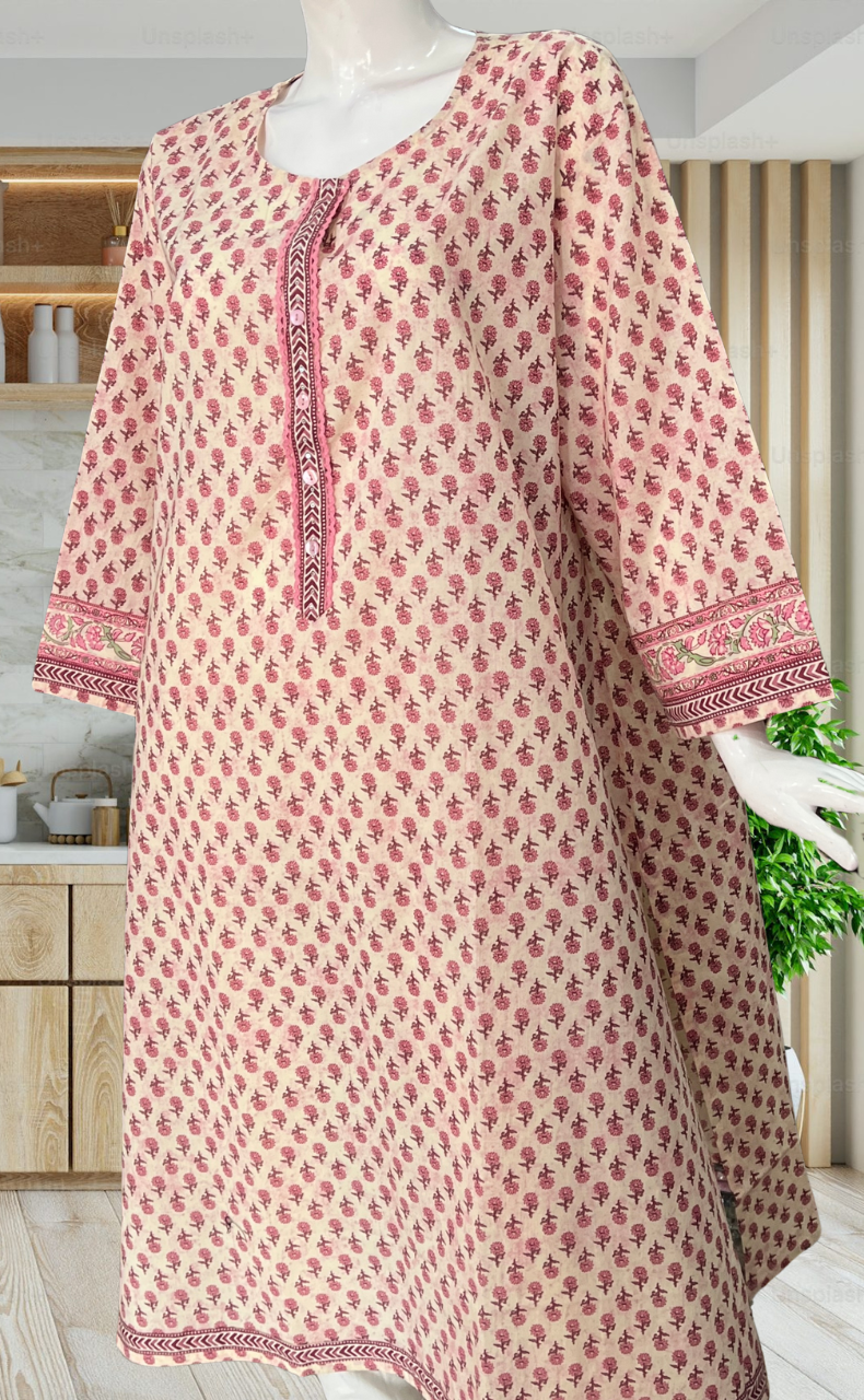 Light Pink Tiny Flora Jaipuri Cotton Kurti. Pure Versatile Cotton. | Laces and Frills - Laces and Frills