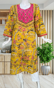 Yellow/Pink Floral Jaipuri Cotton Kurti. Pure Versatile Cotton. | Laces and Frills - Laces and Frills