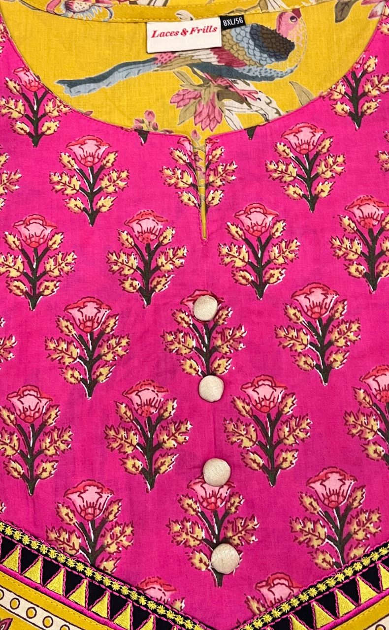 Yellow/Pink Floral Jaipuri Cotton Kurti. Pure Versatile Cotton. | Laces and Frills - Laces and Frills