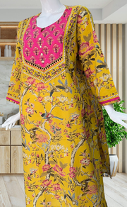 Yellow/Pink Floral Jaipuri Cotton Kurti. Pure Versatile Cotton. | Laces and Frills - Laces and Frills