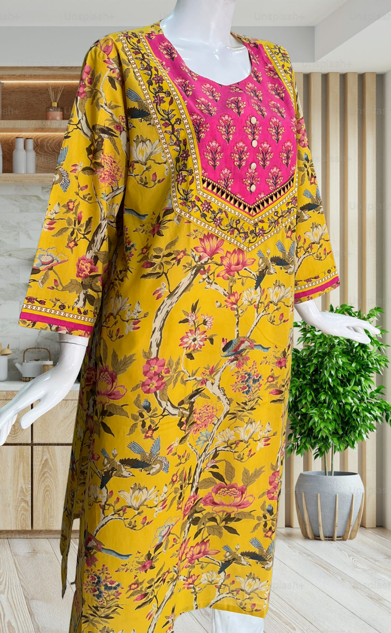 Yellow/Pink Floral Jaipuri Cotton Kurti. Pure Versatile Cotton. | Laces and Frills - Laces and Frills