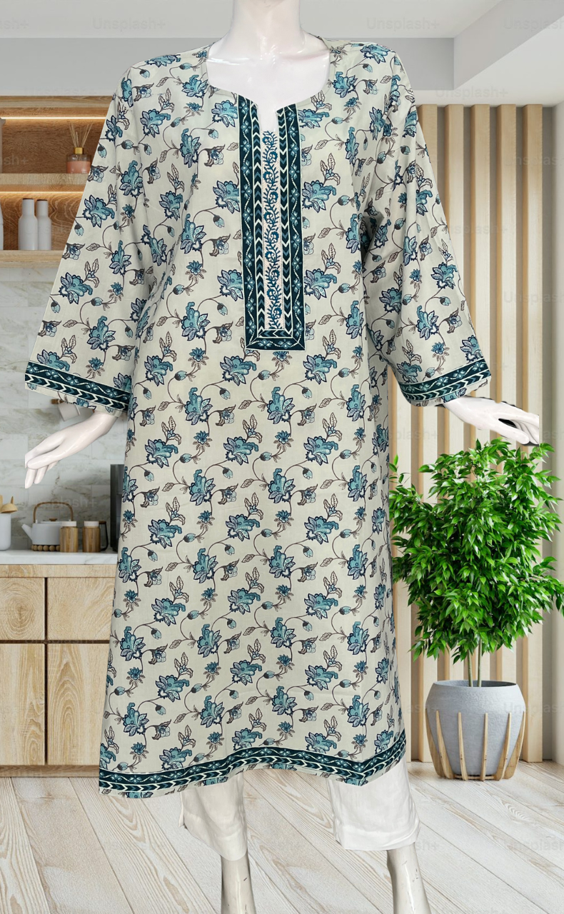 Light Sea Green Floral Jaipuri Cotton Kurti. Pure Versatile Cotton. | Laces and Frills - Laces and Frills