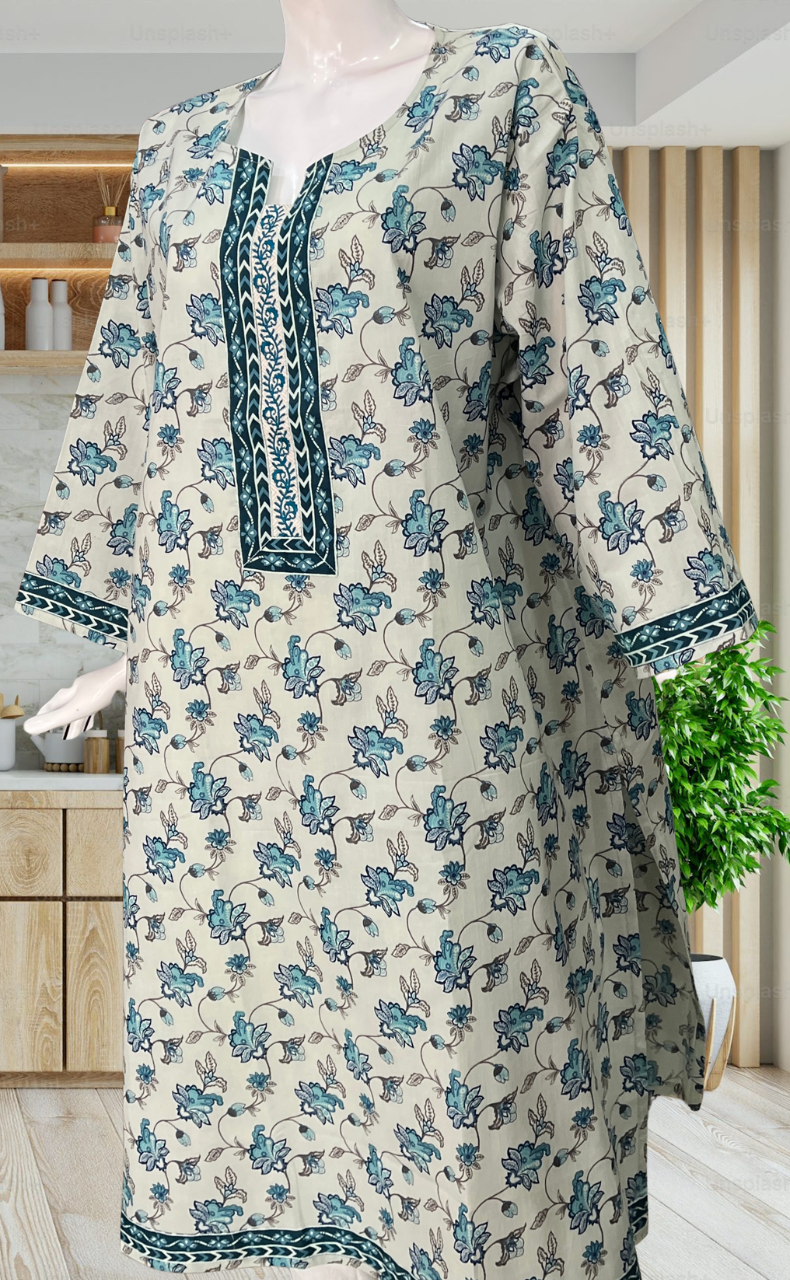 Light Sea Green Floral Jaipuri Cotton Kurti. Pure Versatile Cotton. | Laces and Frills - Laces and Frills