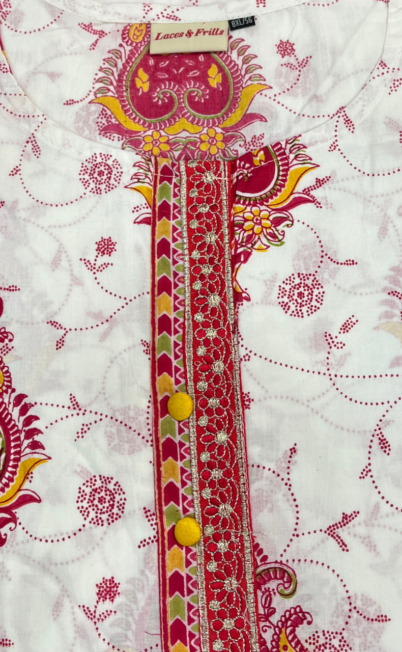 White/Pink Ethnic Print Jaipuri Cotton Kurti. Pure Versatile Cotton. | Laces and Frills - Laces and Frills