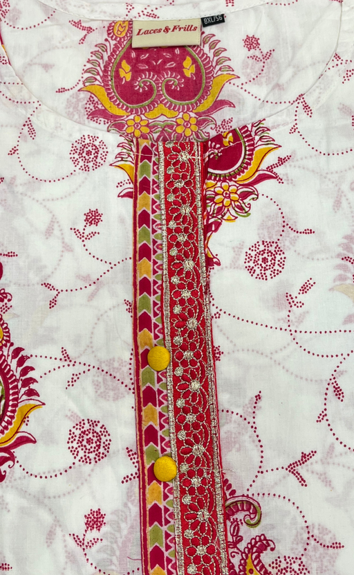 White/Pink Ethnic Print Jaipuri Cotton Kurti. Pure Versatile Cotton. | Laces and Frills - Laces and Frills
