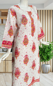 White/Pink Ethnic Print Jaipuri Cotton Kurti. Pure Versatile Cotton. | Laces and Frills - Laces and Frills