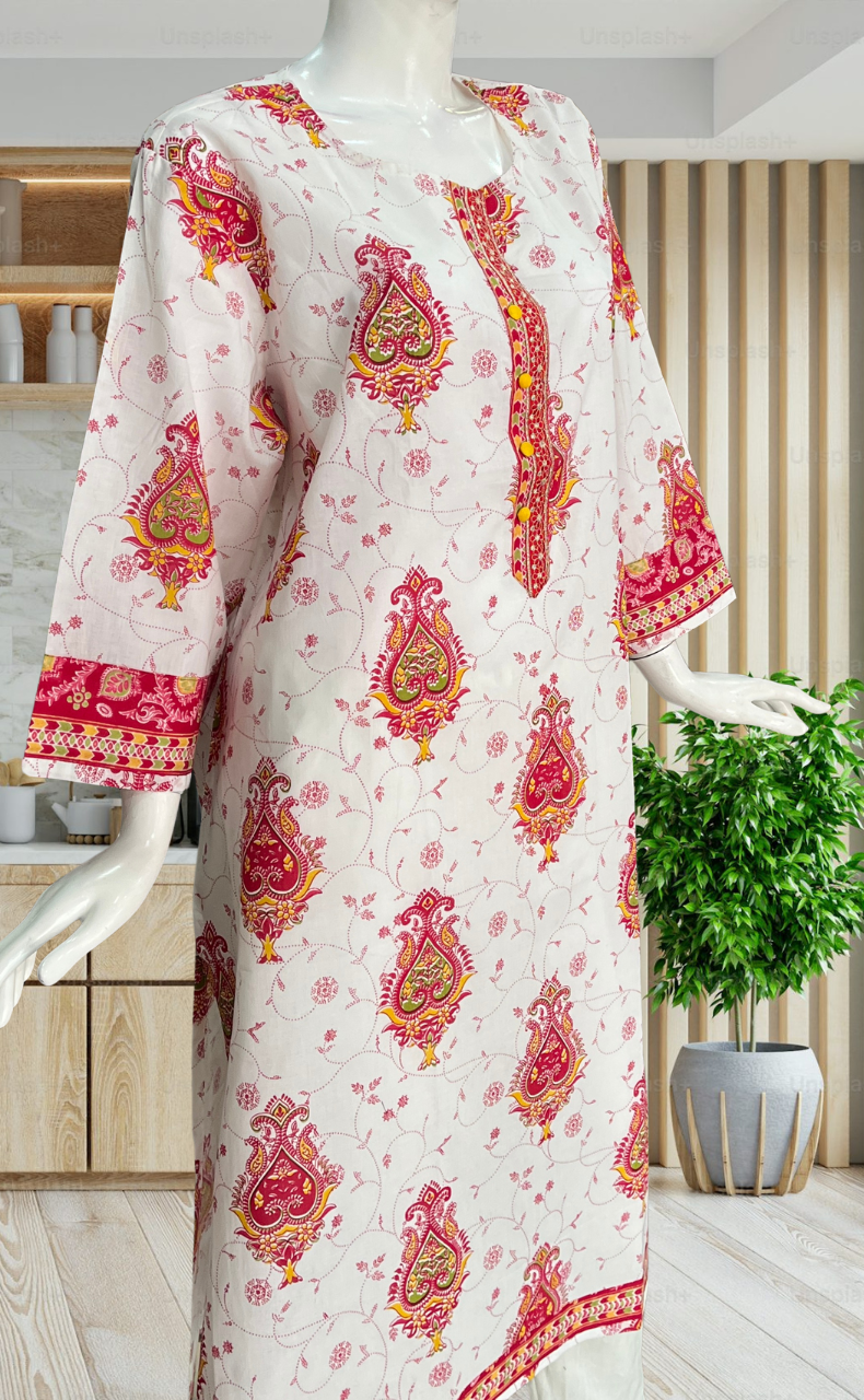 White/Pink Ethnic Print Jaipuri Cotton Kurti. Pure Versatile Cotton. | Laces and Frills - Laces and Frills
