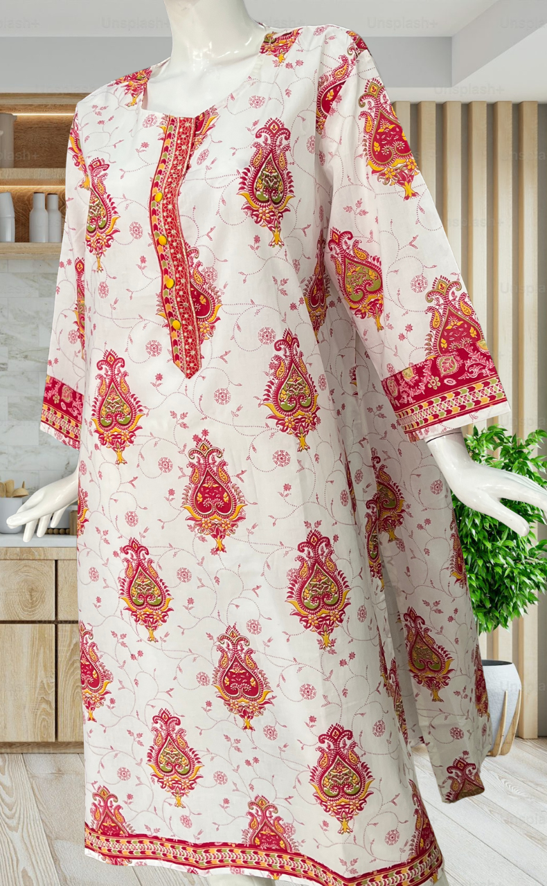 White/Pink Ethnic Print Jaipuri Cotton Kurti. Pure Versatile Cotton. | Laces and Frills - Laces and Frills