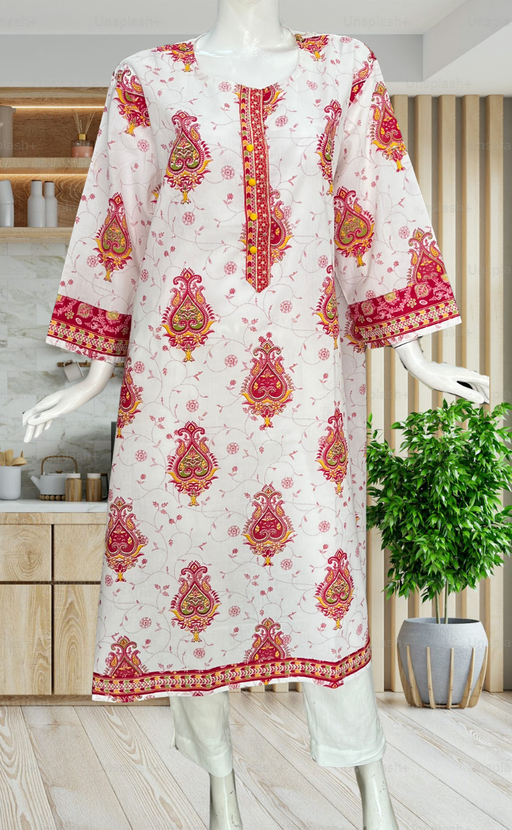 White/Pink Ethnic Print Jaipuri Cotton Kurti. Pure Versatile Cotton. | Laces and Frills - Laces and Frills