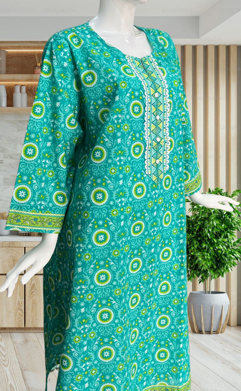 Sea Green Ajrakh Print Jaipuri Cotton Kurti. Pure Versatile Cotton. | Laces and Frills - Laces and Frills
