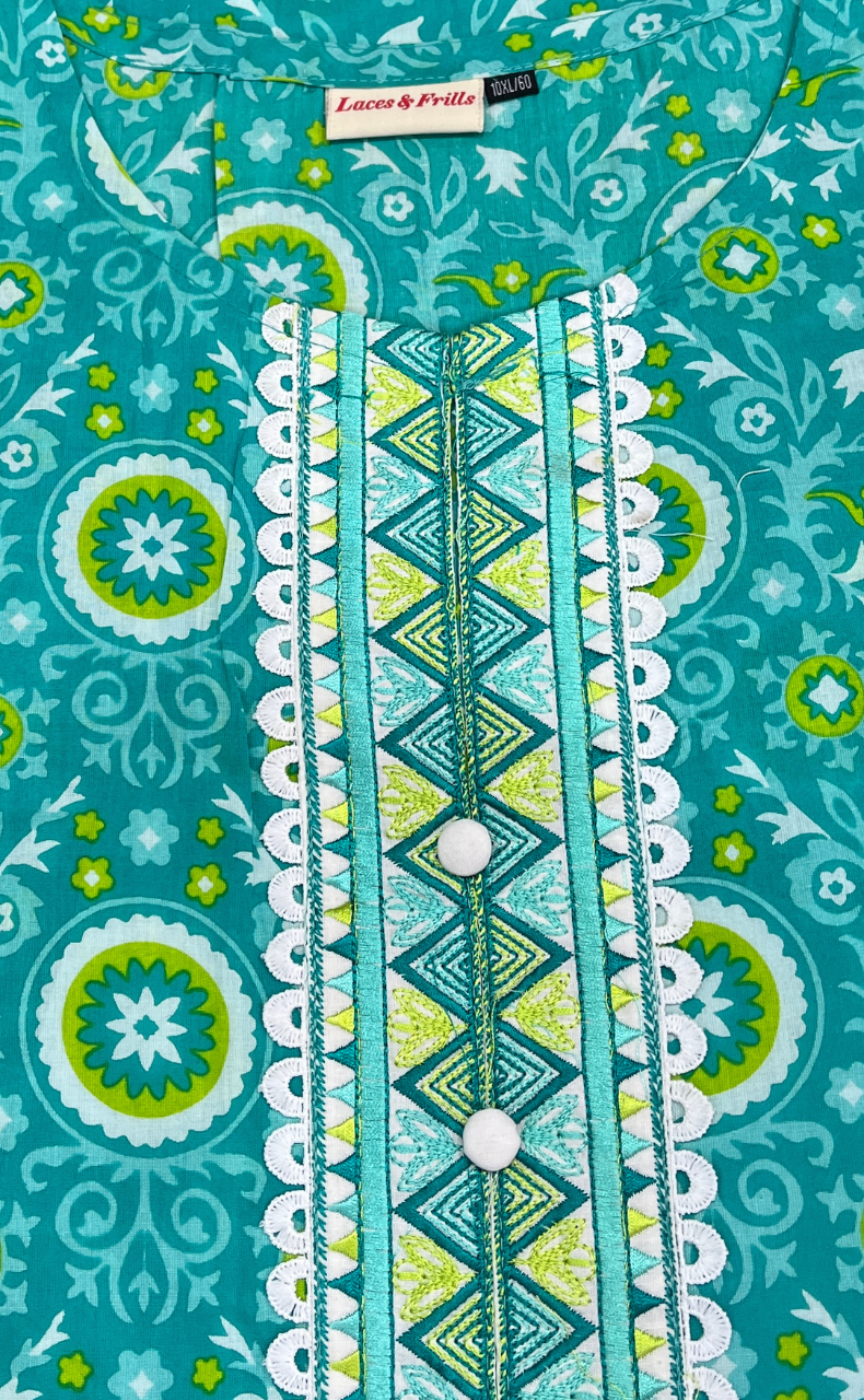 Sea Green Ajrakh Print Jaipuri Cotton Kurti. Pure Versatile Cotton. | Laces and Frills - Laces and Frills